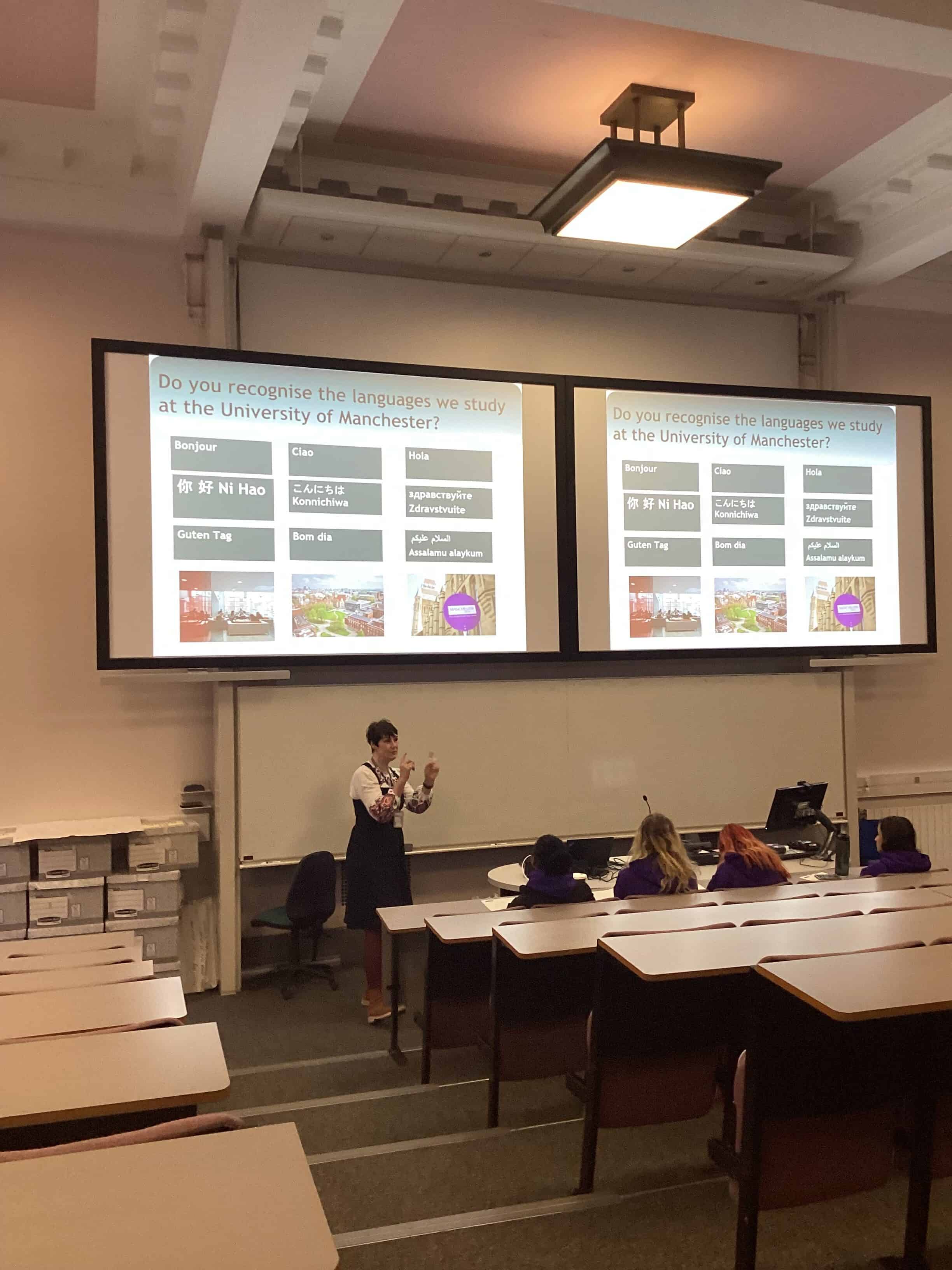 Students from Laurus Cheadle Hulme take part in a lecture at the University of Manchester Viva languages day 2024.