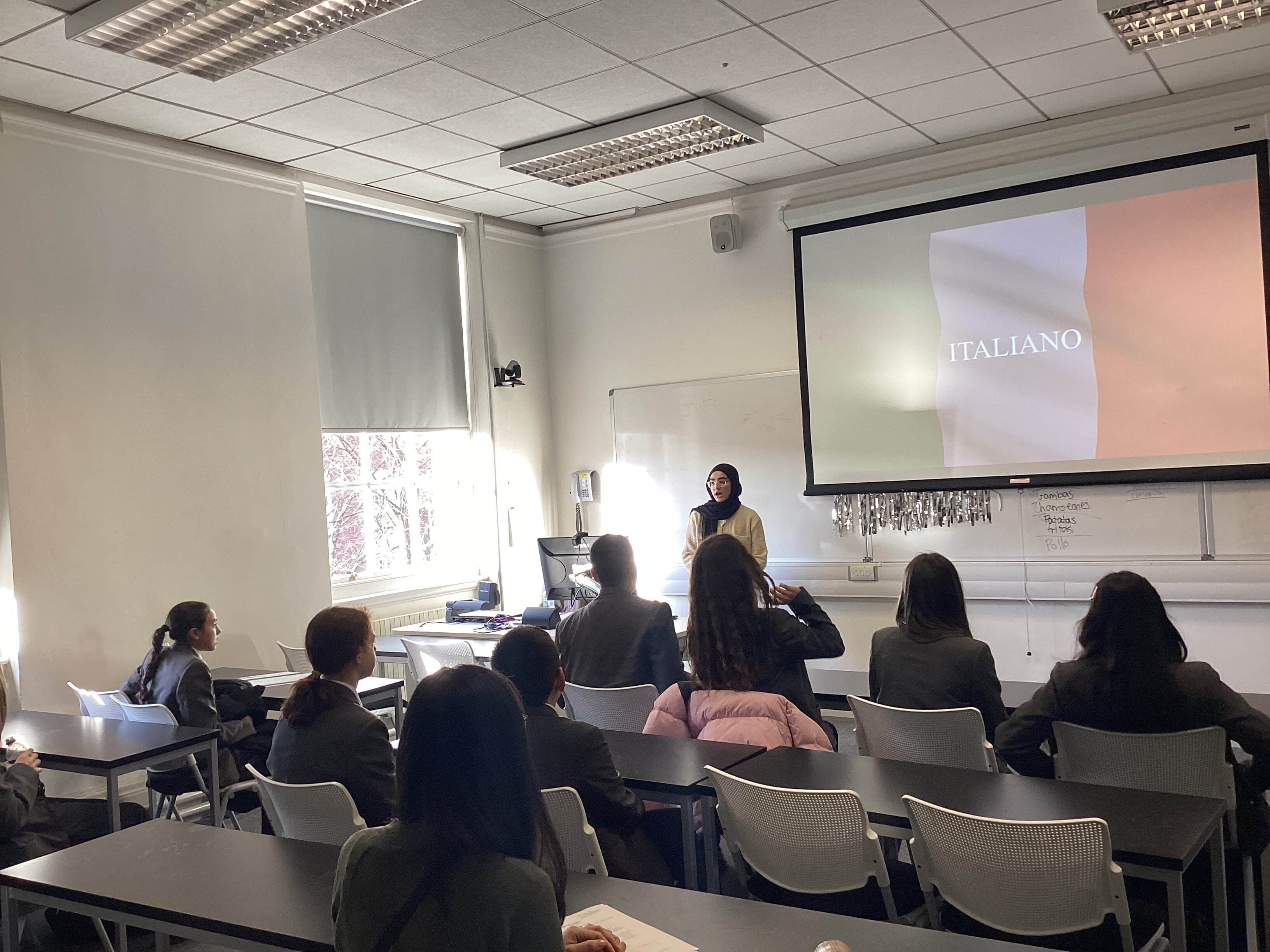 Students from Laurus Cheadle Hulme take part in an Italian taster session at the University of Manchester Viva languages day 2024.