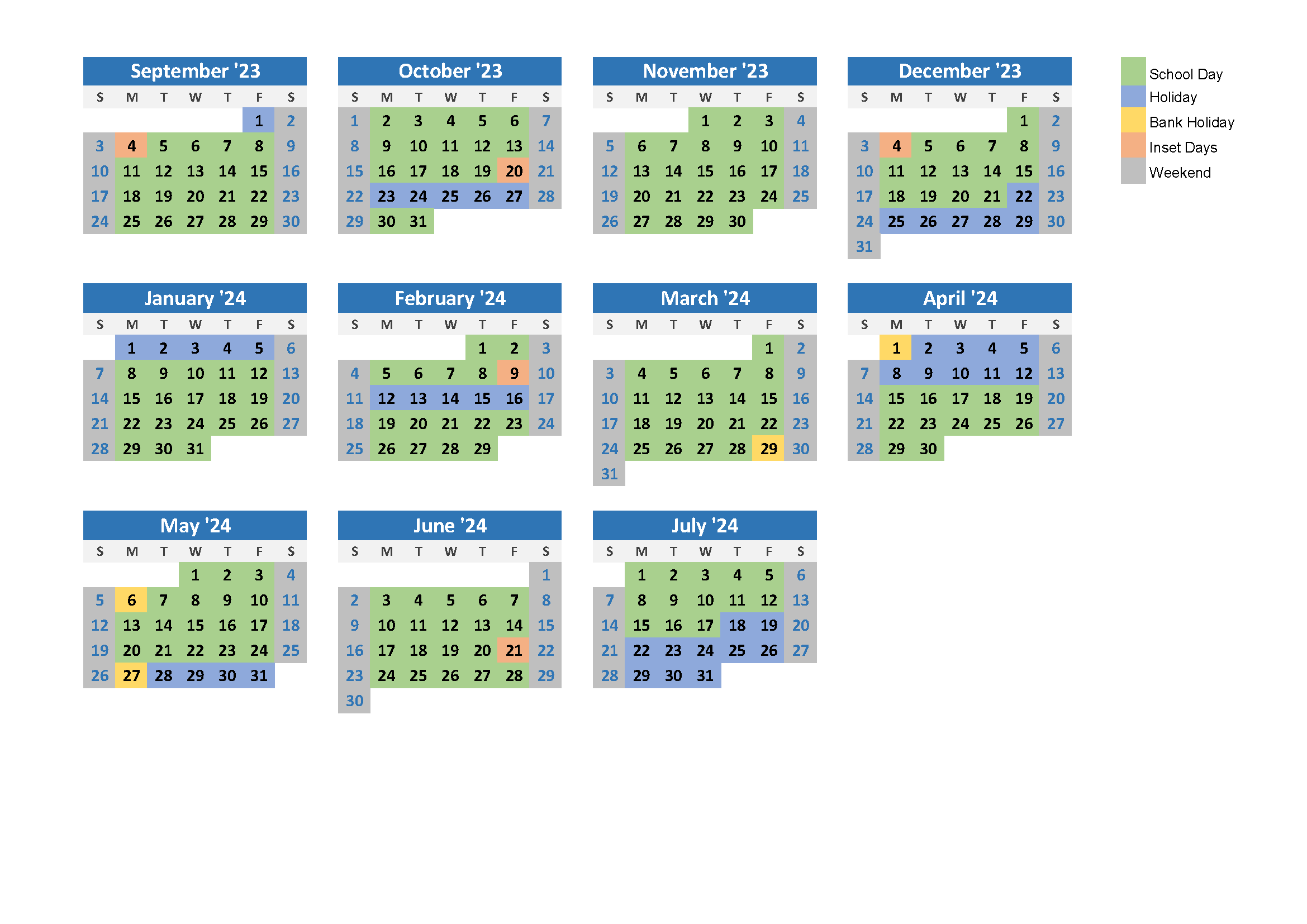2023 - 2024 Calendar view of the school term dates