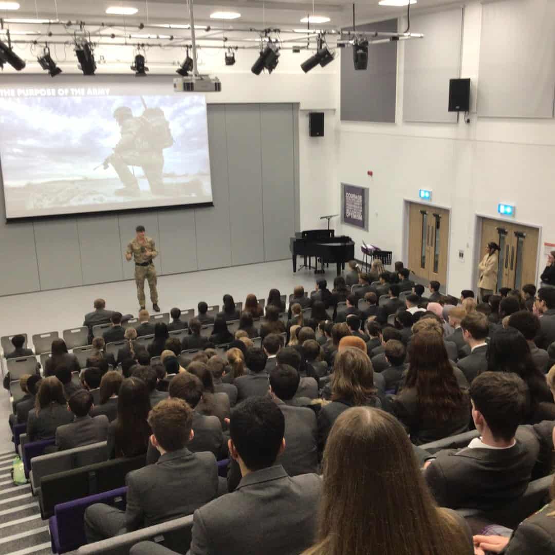 An Army Careers rep speaks to students during an assembly at Laurus Cheadle Hulme