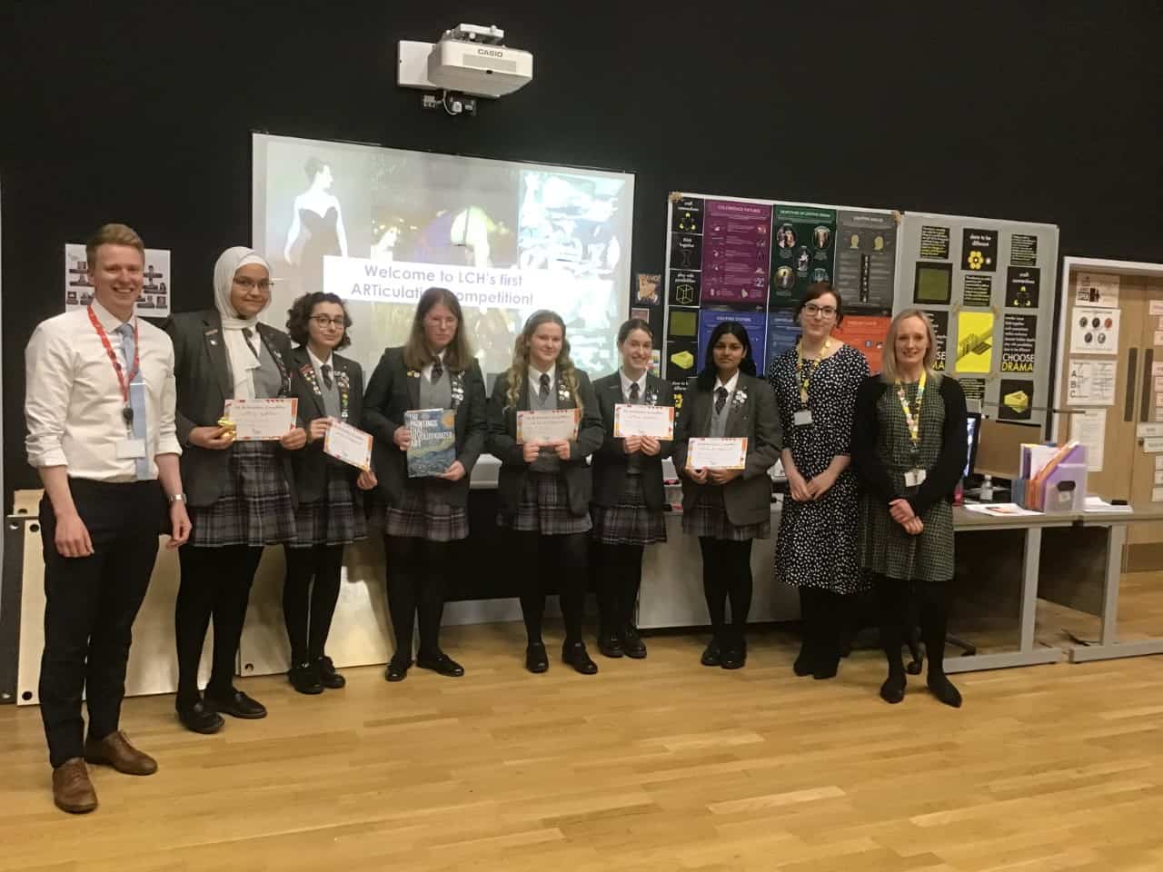 The 6 Laurus Cheadle Hulme students involved in the ARTiculation internal competition stand with 3 teachers.