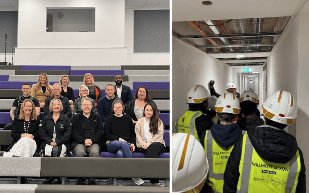 Students from Laurus Cheadle Hulme discover the world of work. Two images, left is a group of visitors at the World of Work event, right is a group of students wearing protective gear as they walk through the Willmott Dixon construction site.