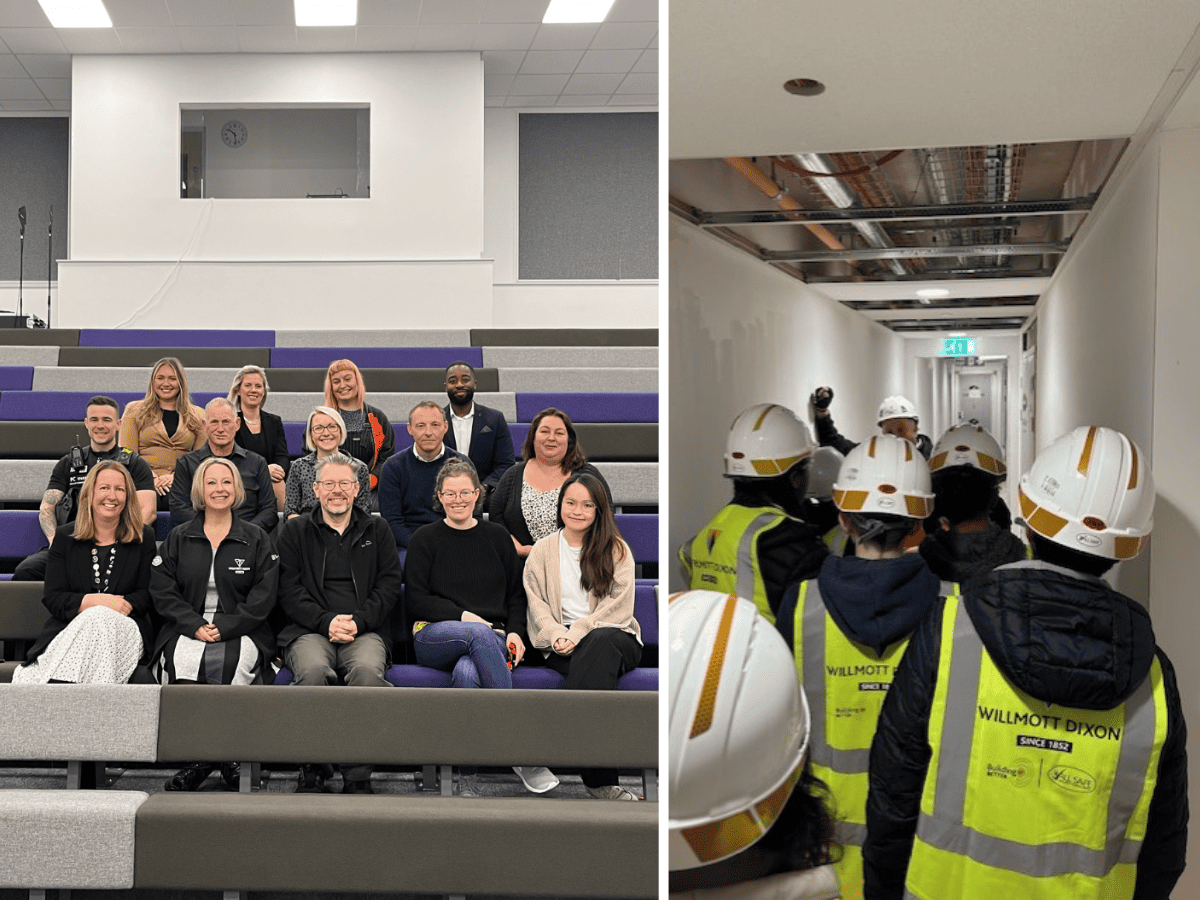 Students from Laurus Cheadle Hulme discover the world of work. Two images, left is a group of visitors at the World of Work event, right is a group of students wearing protective gear as they walk through the Willmott Dixon construction site.