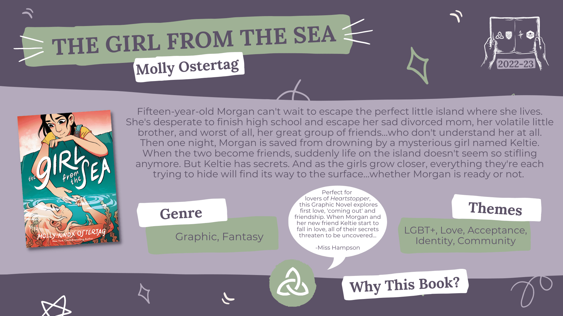 The Girl from the Sea by Molly Ostertag Genre: Graphic Novel, Fantasy Romance Themes: LGBT+, Love, Acceptance, Identity, Community Why this book? Perfect for lovers of Alice Oseman's Heartstopper (and recently adapted Netflix series), this Graphic Novel explores first love, 'coming out' and friendship. When Morgan and her new friend Keltie start to fall in love, all of their secrets threaten to be uncovered… -Miss Hampson