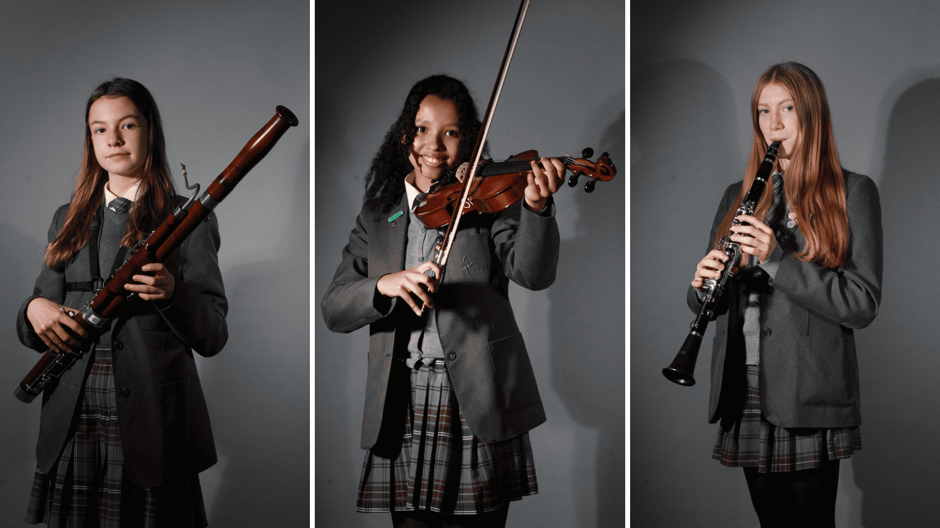 Three Laurus Cheadle Hulme students pose with their instruments